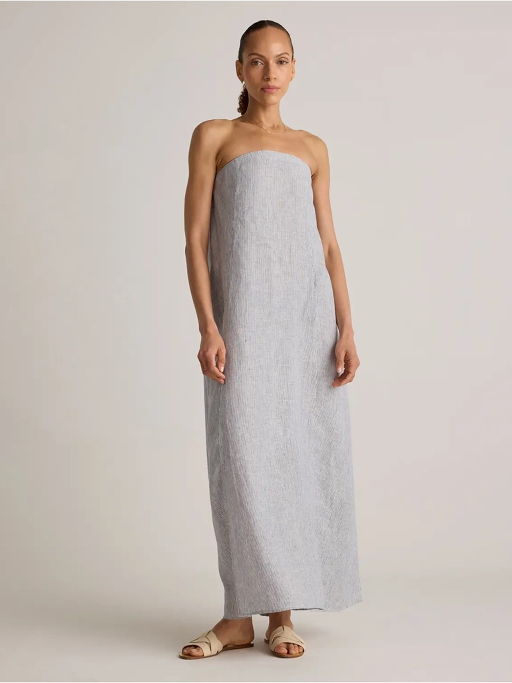 Strapless quince European maxi dress with pinstripe